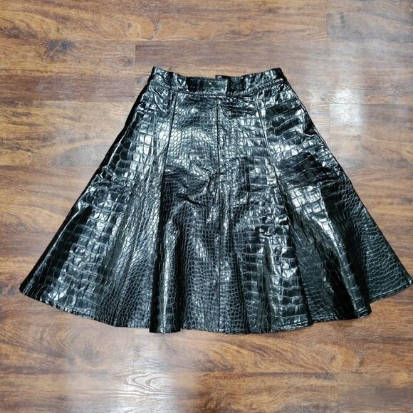 Apparalel Black Croc Vegan Modesty Leather Goth Swing Mini Skirt S - Picture 3 of 11